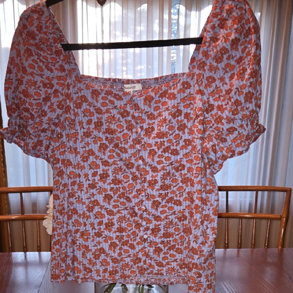 MADEWELL SIZE 6 Floral Puff Sleeve Top - Blue and Orange